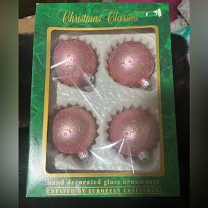 Vintage  Christmas classics hand decorated Gold Glitter Glass Ornaments-Pink